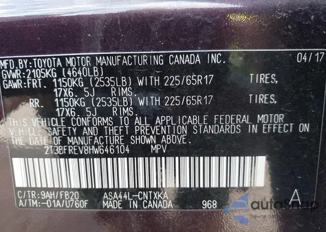 2017 Toyota Rav4 Le from USA, damaged, VIN 2T3BFREV8HW646104